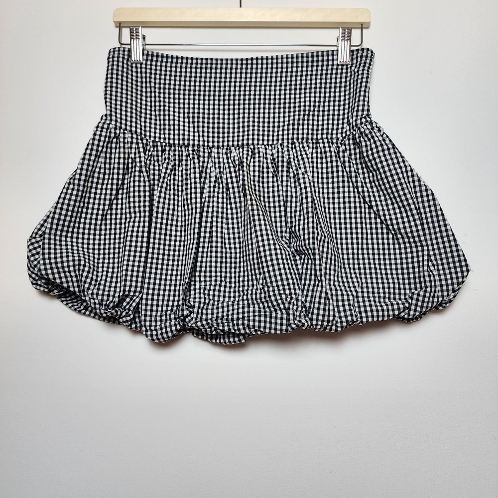 Japna Gingham Checkered Smocked Bubble Hem Mini Skirt Black White Medium